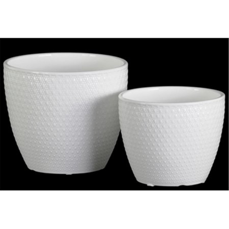 URBAN TRENDS COLLECTION Ceramic Round Pot with Embossed Lattice Cross Design Body  Tapered Bottom White Set of 2 51802
